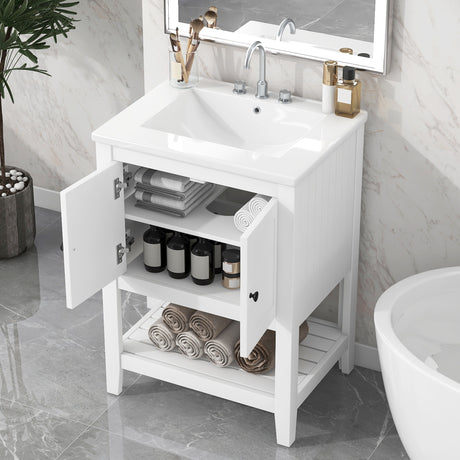 24" White Bathroom Vanity with Ceramic Sink- Modern Minimalism Meets Practical Storage