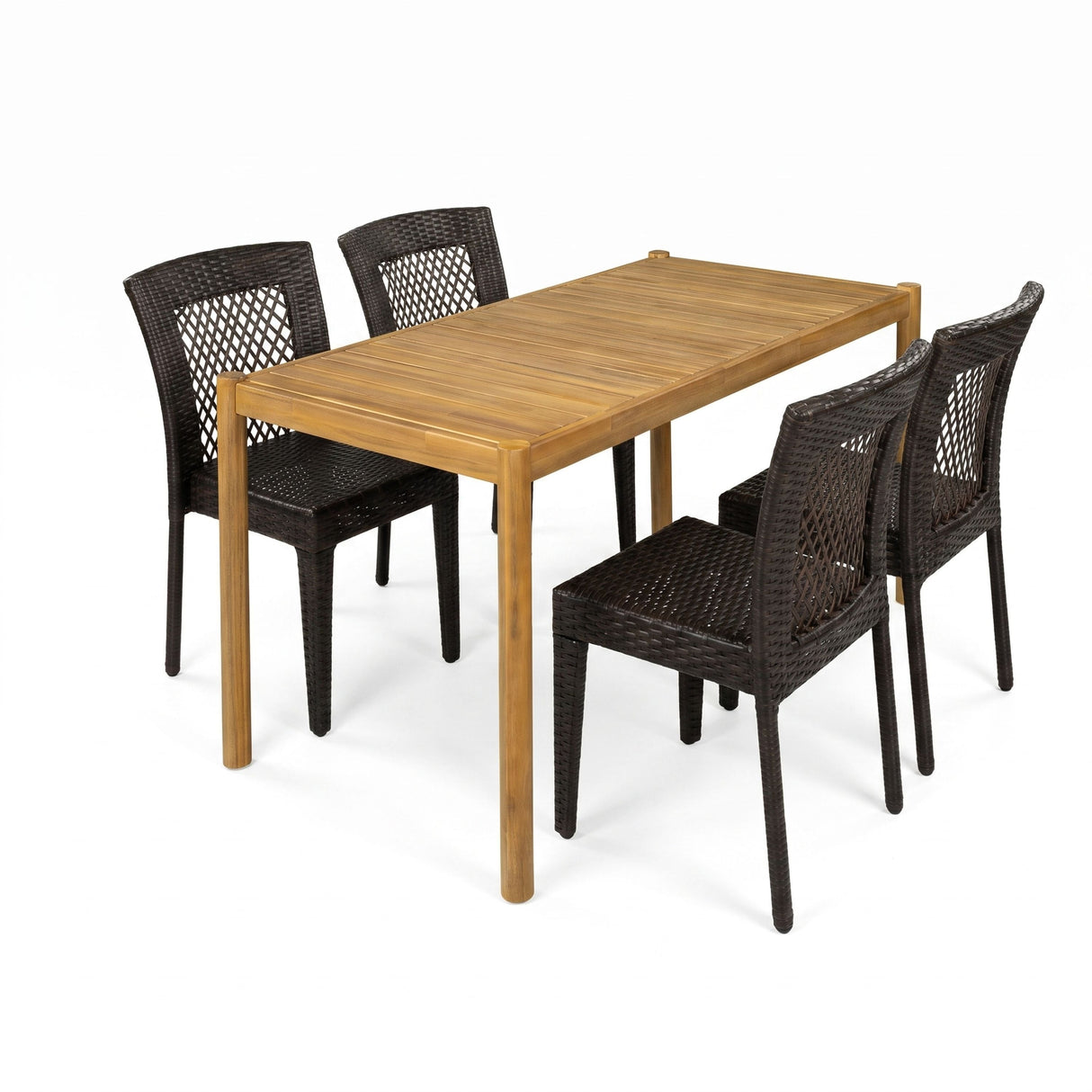 5-Piece Outdoor Dining Set, Acacia Wood Rectangular Patio Table & 4 PE Rattan Iron Frame Dining Chairs