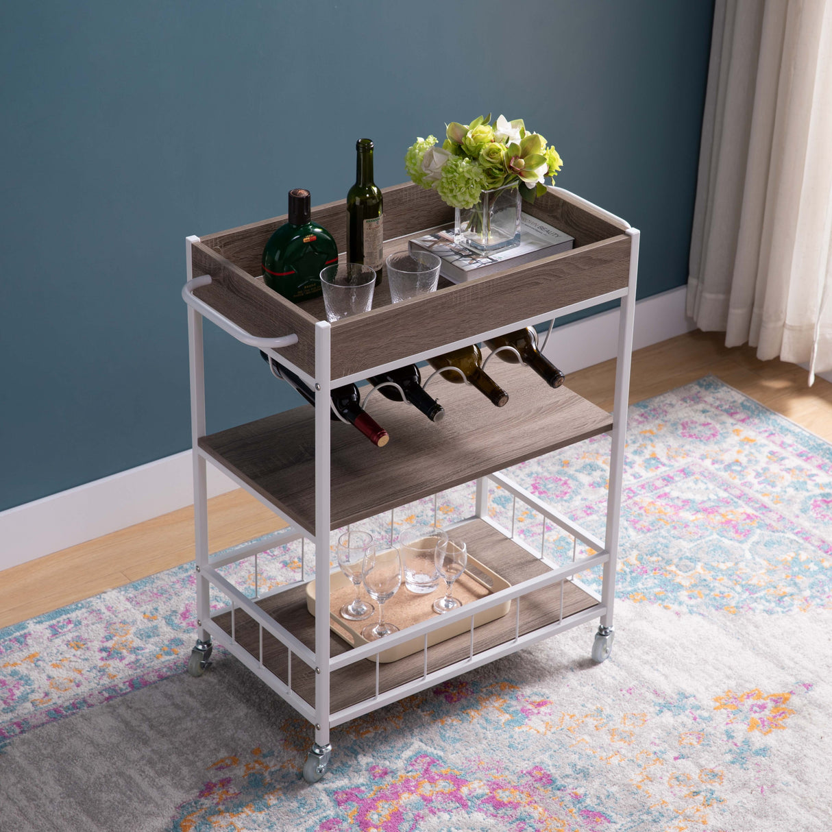 Metal Frame Bar Cart with Shelves and Wheels