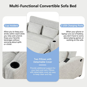Pull Out Loveseat Sofa With Adjsutable Backrest, 2 Pillows, Cup Holders, USB Ports For Living Room
