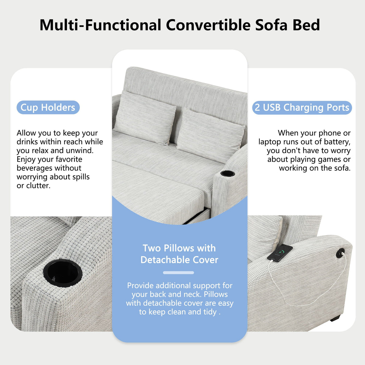 Pull Out Loveseat Sofa With Adjsutable Backrest, 2 Pillows, Cup Holders, USB Ports For Living Room