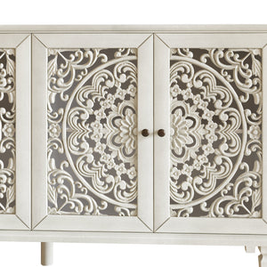 60" Antique Buffet Cabinet with Floral Carvings and Solid Wood Legs