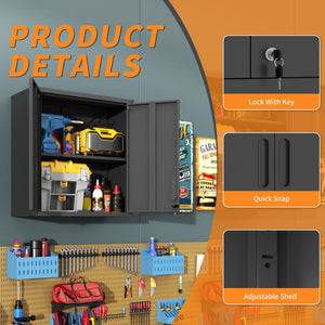 Metal Wall Mounted Tool Storage Cabinet With 2 Locking Doors, Adjustable Shelf, And Drawer
