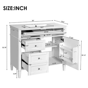 36" Bathroom Vanity with Ceramic Sink and Storage Drawers - Multiple Colors