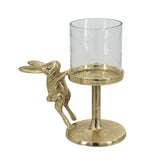 Set of 2 Gold Rabbit Pillar Candle Holders with Clear Glass Hurricane Shade