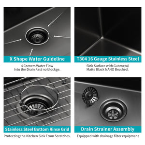 Topmount 16G Stainless Steel Kitchen Sink Deep Single Bowl - Gunmetal Black