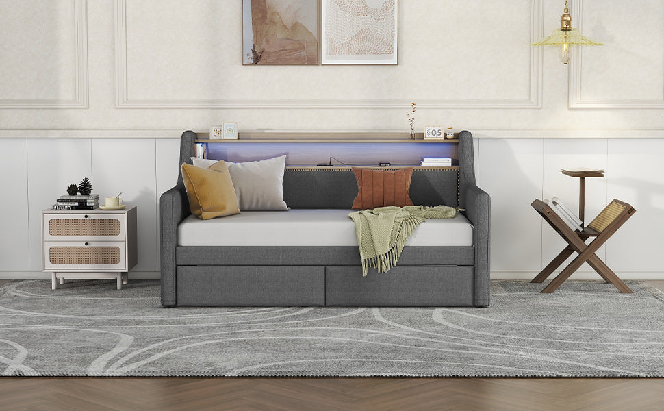 Twin Size Linen Upholstered Daybed with Storage Drawers and LED Lights