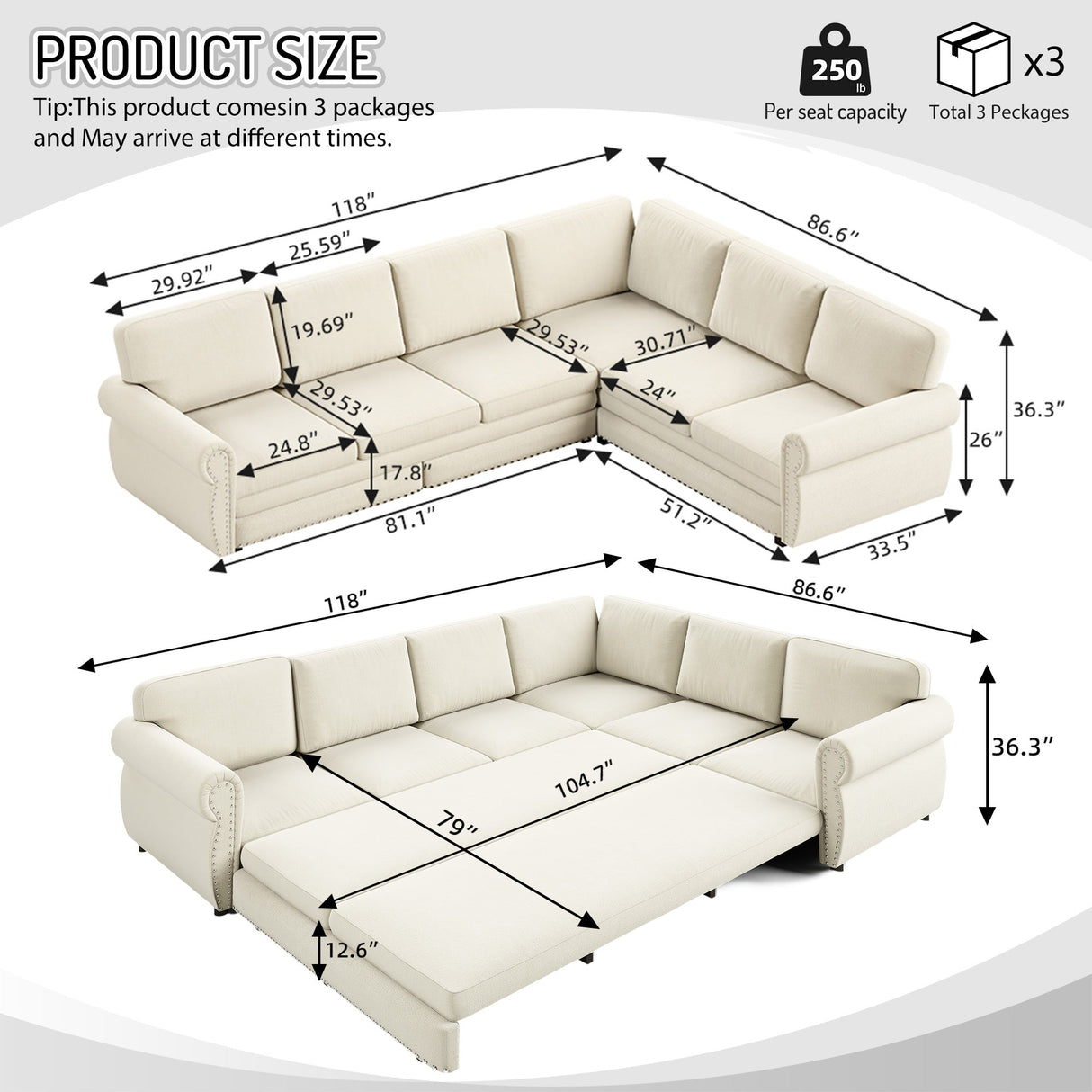 118" L-Shaped Convertible Sofa Bed