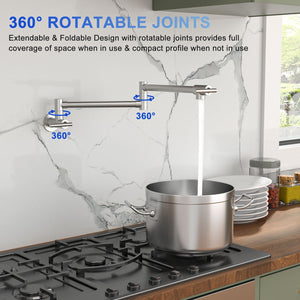 Wall Mount Pot Filler Faucet Folding Stretchable Kitchen Sink Faucet With 2 Handles - Brushed Nickel