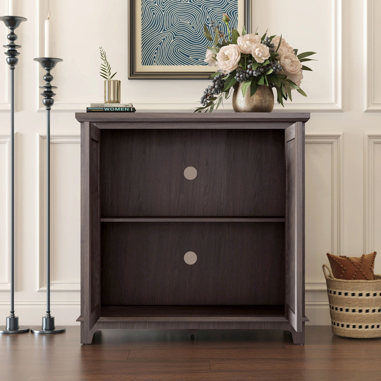 Elegant Sideboard with Two Acrylic Mirrored Doors and Adjustable Shelf Storage