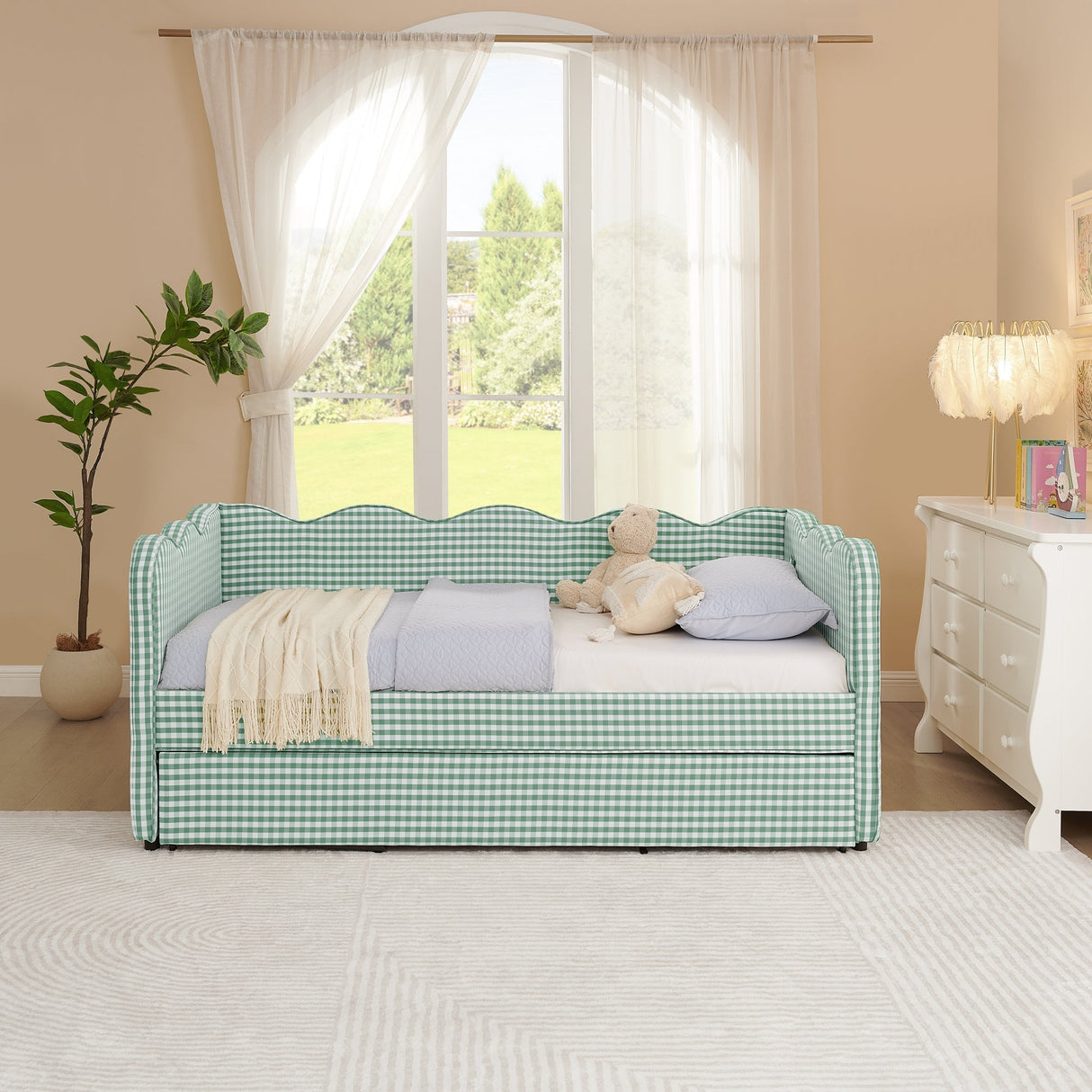 Cozy Gingham Daybed with Trundle Twin Size Sofa Bed No Box Spring Needed, with USB Port and Adorable Wave Shaped, Linen Fabric