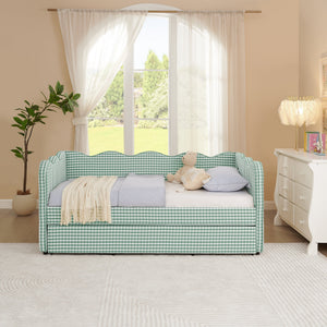 Cozy Gingham Daybed with Trundle Twin Size Sofa Bed No Box Spring Needed, with USB Port and Adorable Wave Shaped, Linen Fabric