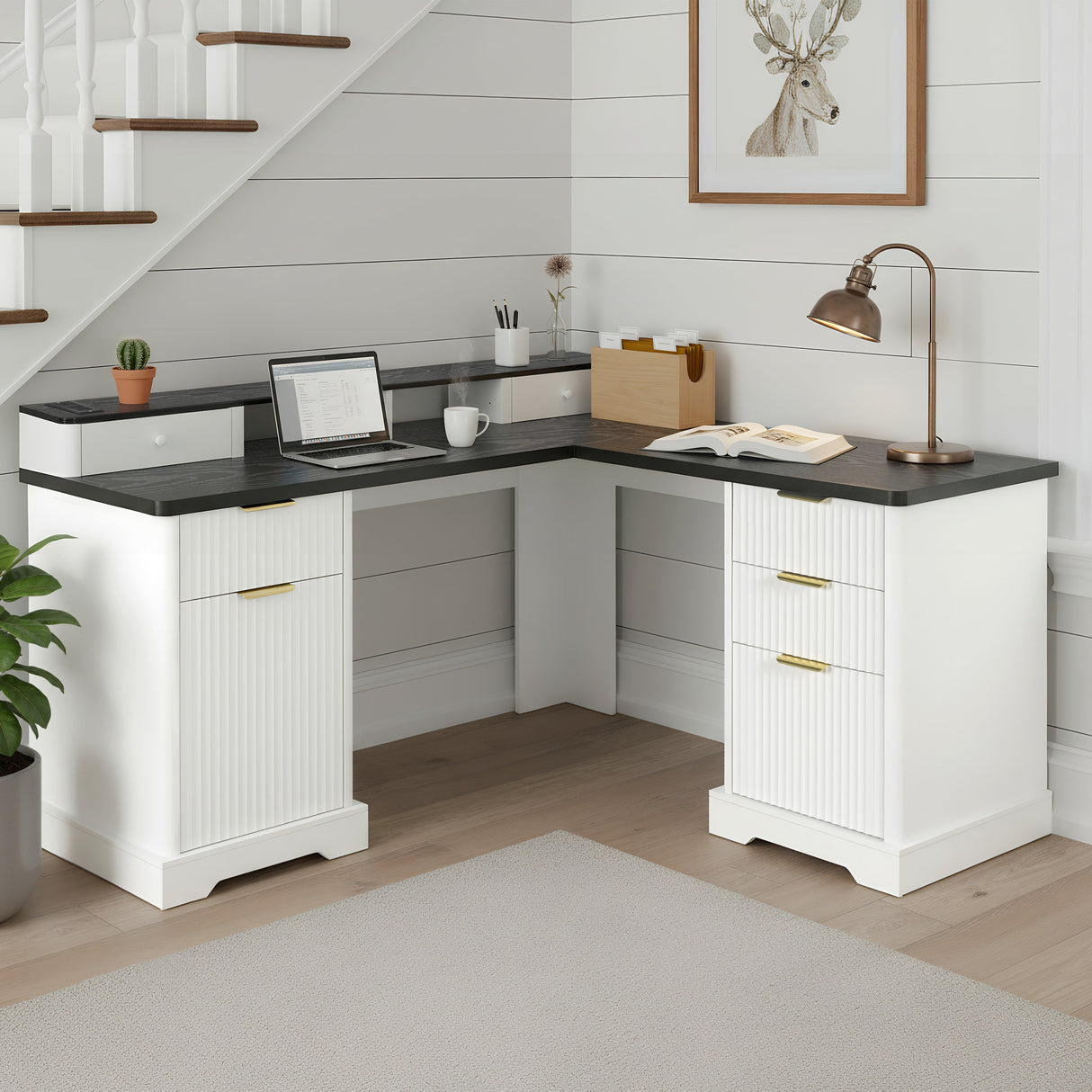 59" Modern Fluted L-Shaped Desk with Charging Station & Storage