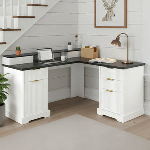 59" Modern Fluted L-Shaped Desk with Charging Station & Storage