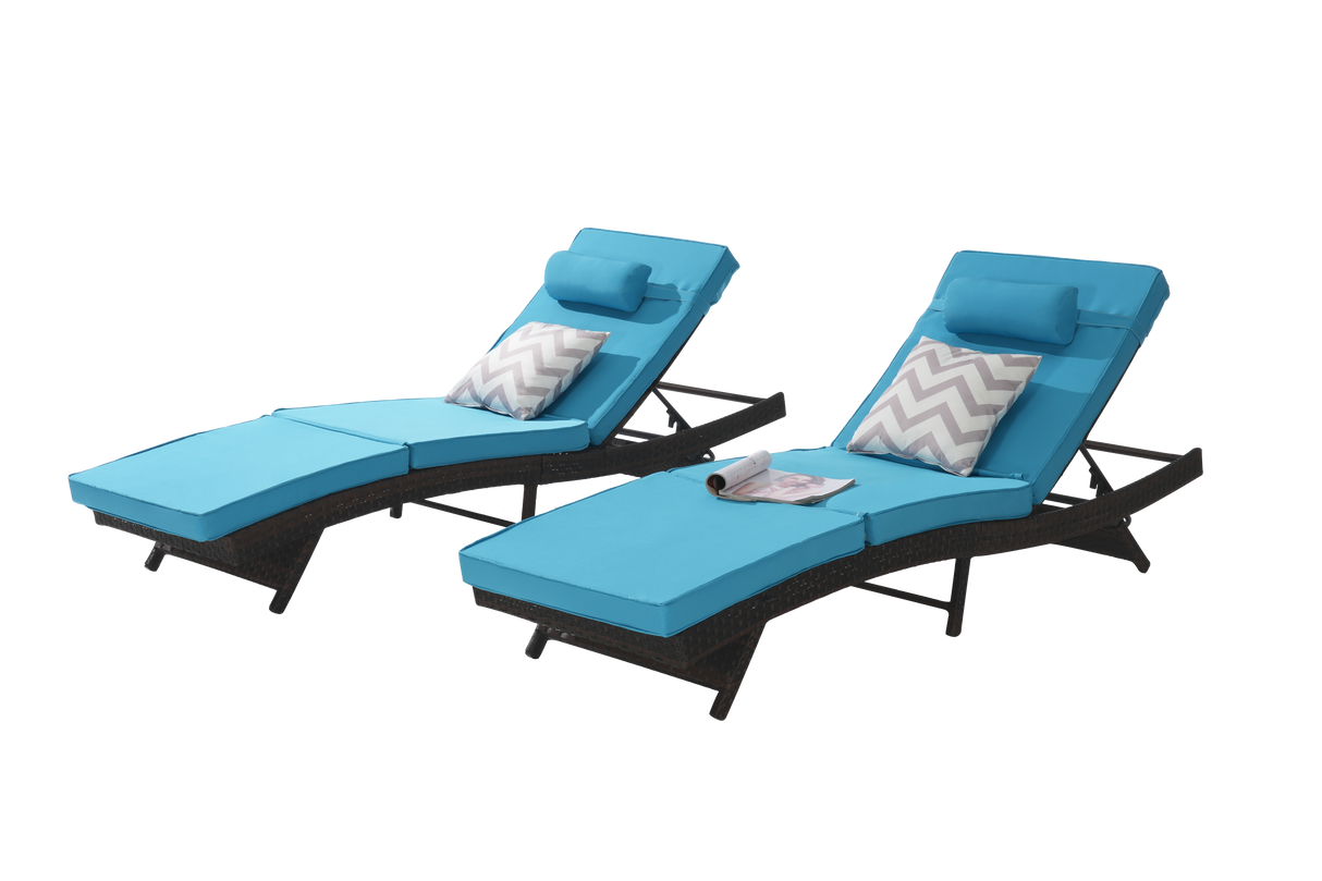 Outdoor Wicker Long Reclining Chair Set of 2 , Wicker Reclining Lounge Chair Lawn Sunbathing Chairs Recliner up to 150°  Beach Poolside Garden