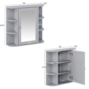 Bathroom Wall Storage Cabinet With Mirror And Adjustable Shelf, 6 Open Shelves