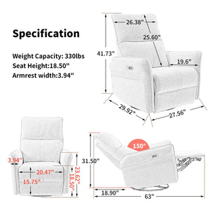 29.92" 270 Power Swivel Rocker Recliner Chair, Electric Glider Reclining Sofa With USB Ports, Power Swivel Glider, Rocking Chair Nursery Recliners For Living Room Bedroom