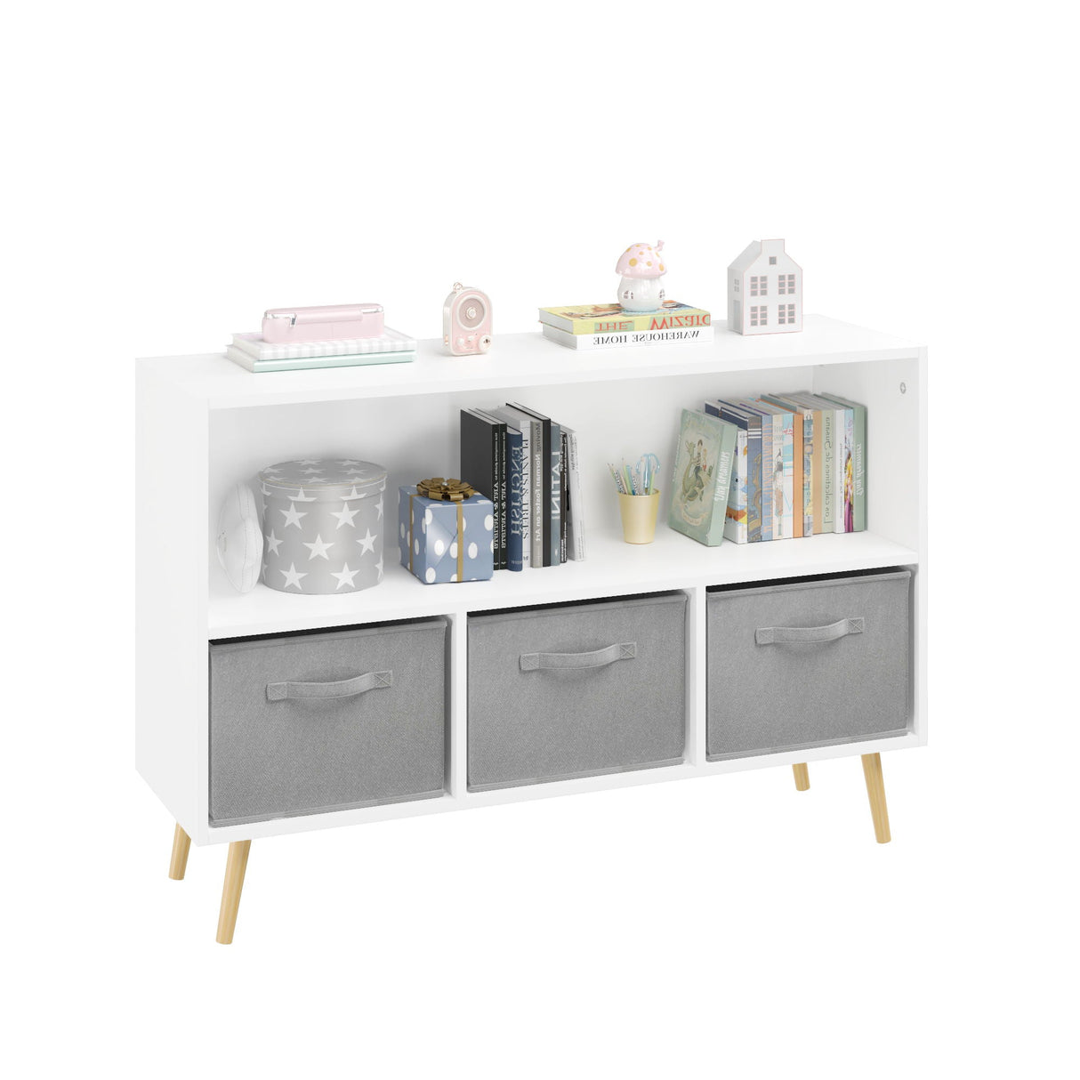Bookcase With Collapsible Drawers, Book Display Organizer