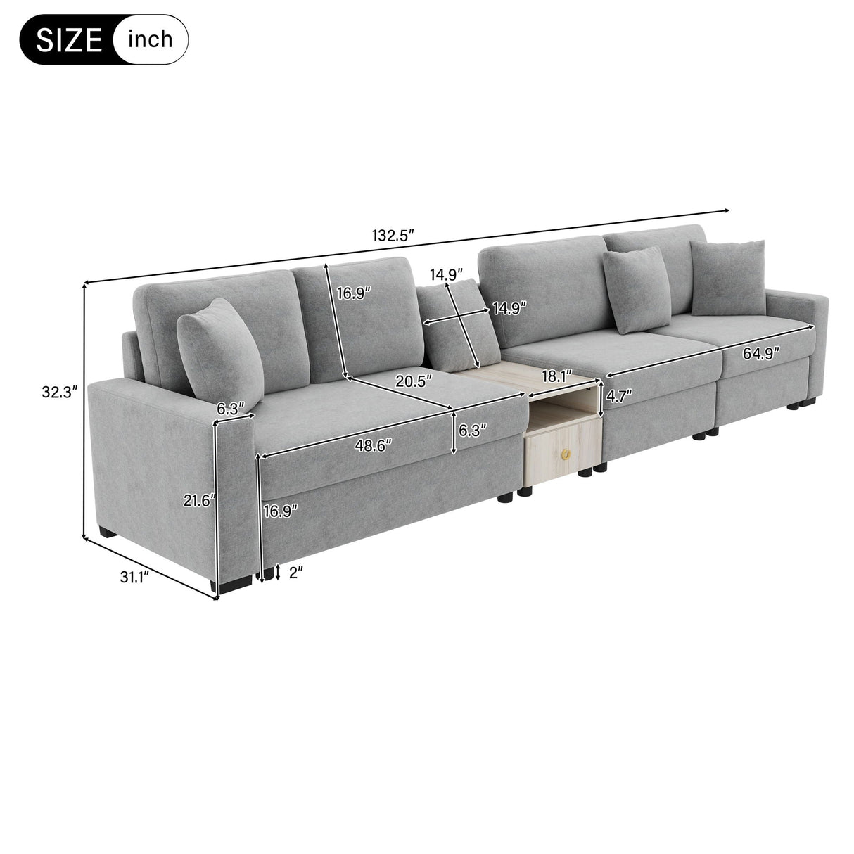 Modular Sofa Couch With Storage Armrest and Center Console