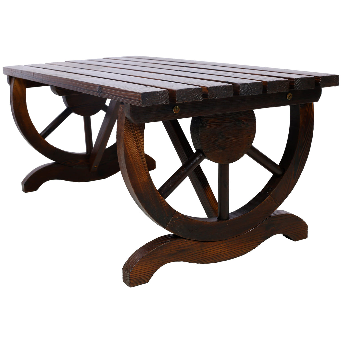 Outdoor Rustic Wooden Bench with Wagon Wheel Legs, 2 People Outdoor Bench Garden Bench Front Porch Furniture Patio Lawn Yard Park, Indoor and Outdoor Decor