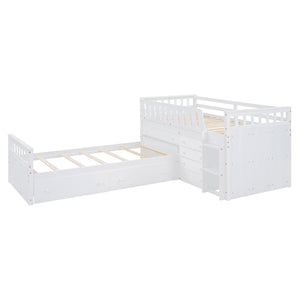 Loft Platform Bed With 7 Drawers And Full Guardrails, Modern L Shaped Space Savin