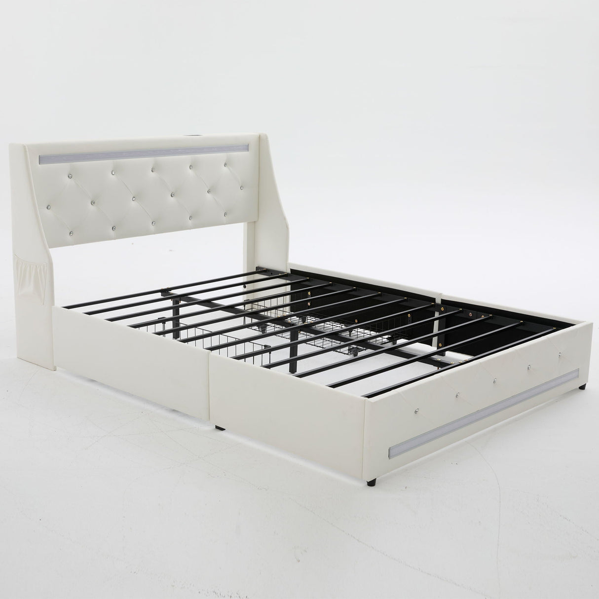 Wingback Upholstered Bed Frame With LED Lights, Charging Station