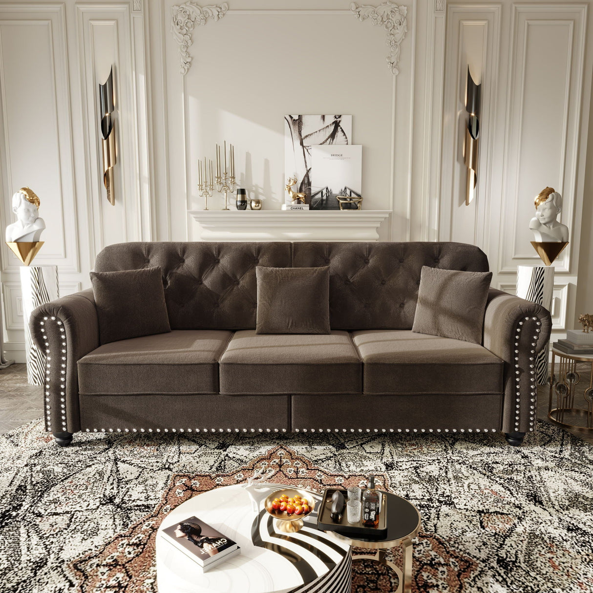 Upholstered 3 Seater Sofa Set With Ottoman