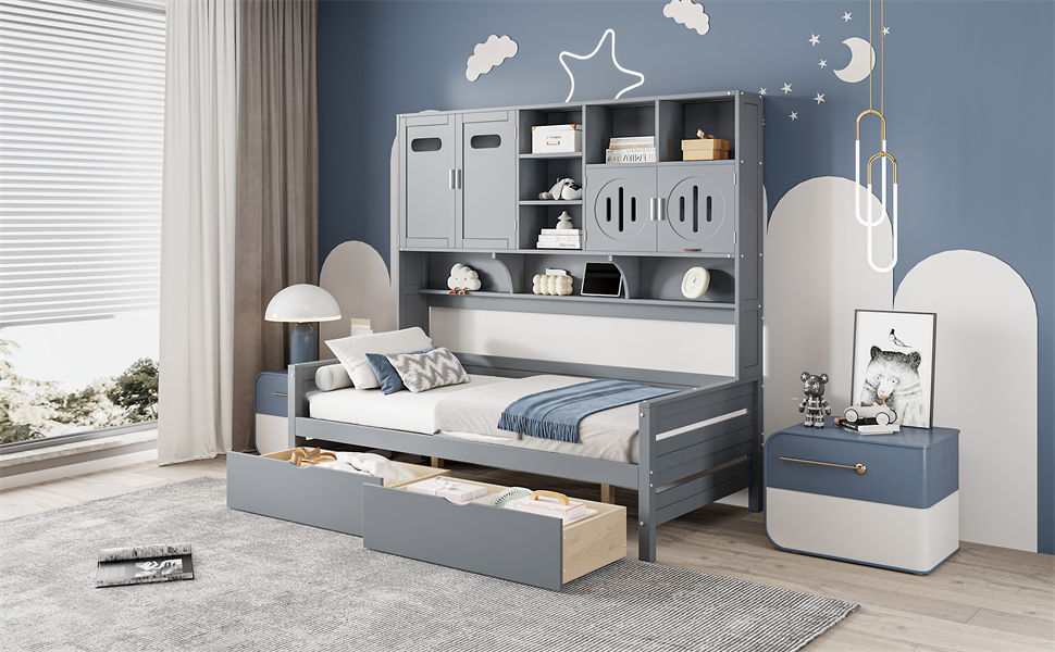 Daybed With All-In-One Cabinet And Shelf