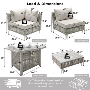 K&K Patio 8-Piece Patio Furniture Set with 43" Fire Pit Table