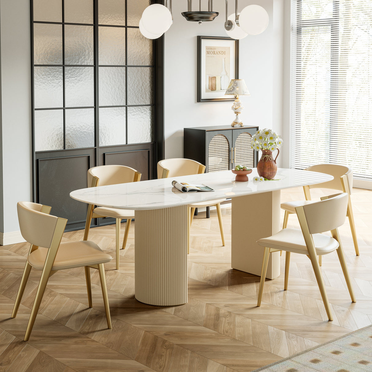 Stainless Steel Dining Table with Rock Plate and Woven Leather