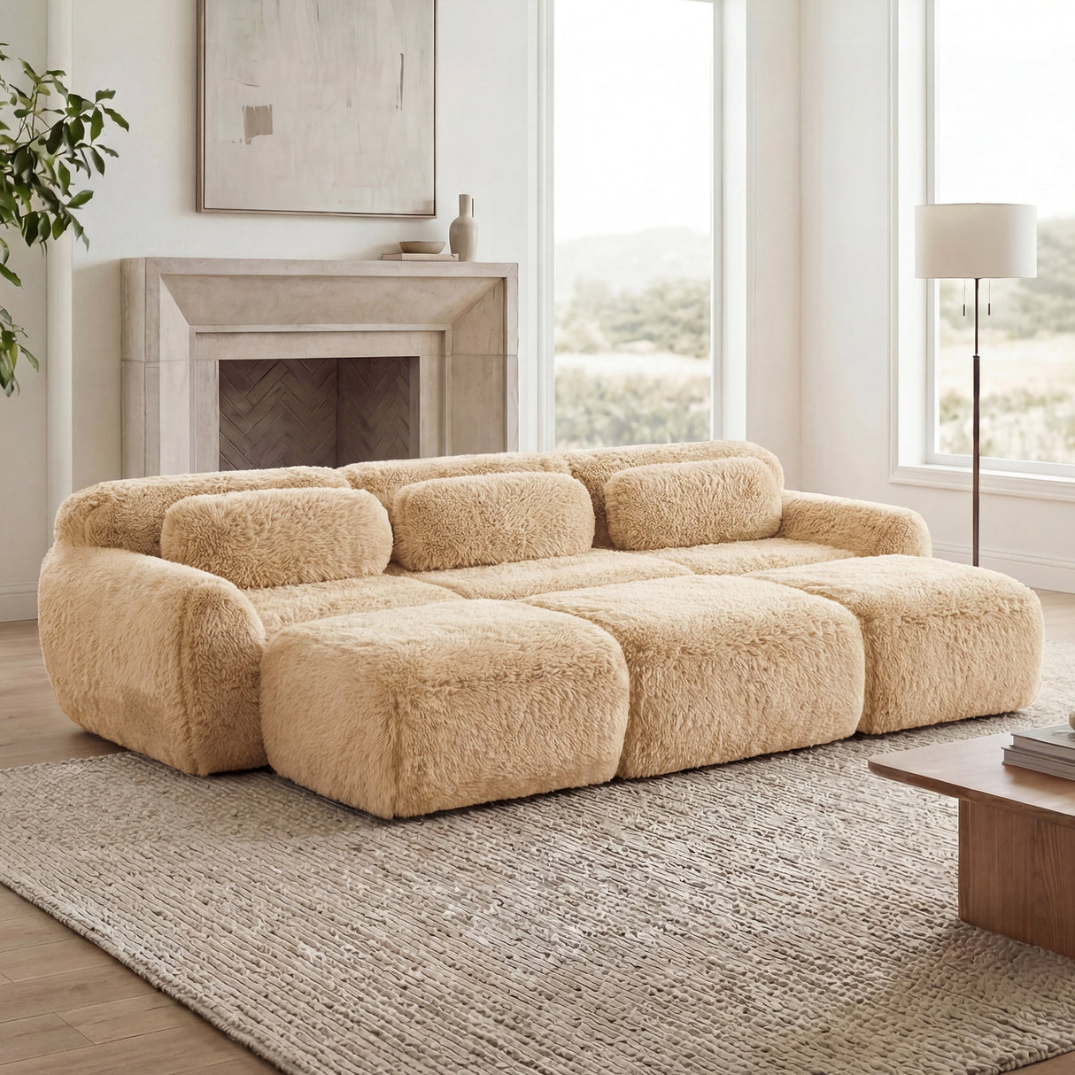 3-Seater Soft Plush Fabric Sofa With Movable Ottoman