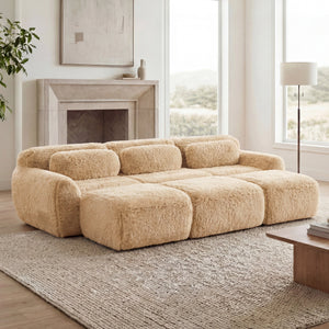 3-Seater Soft Plush Fabric Sofa With Movable Ottoman