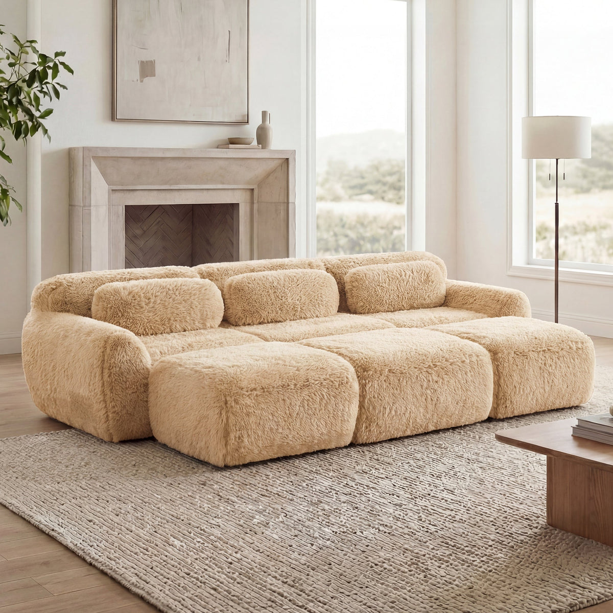 3-Seater Soft Plush Fabric Sofa With Movable Ottoman