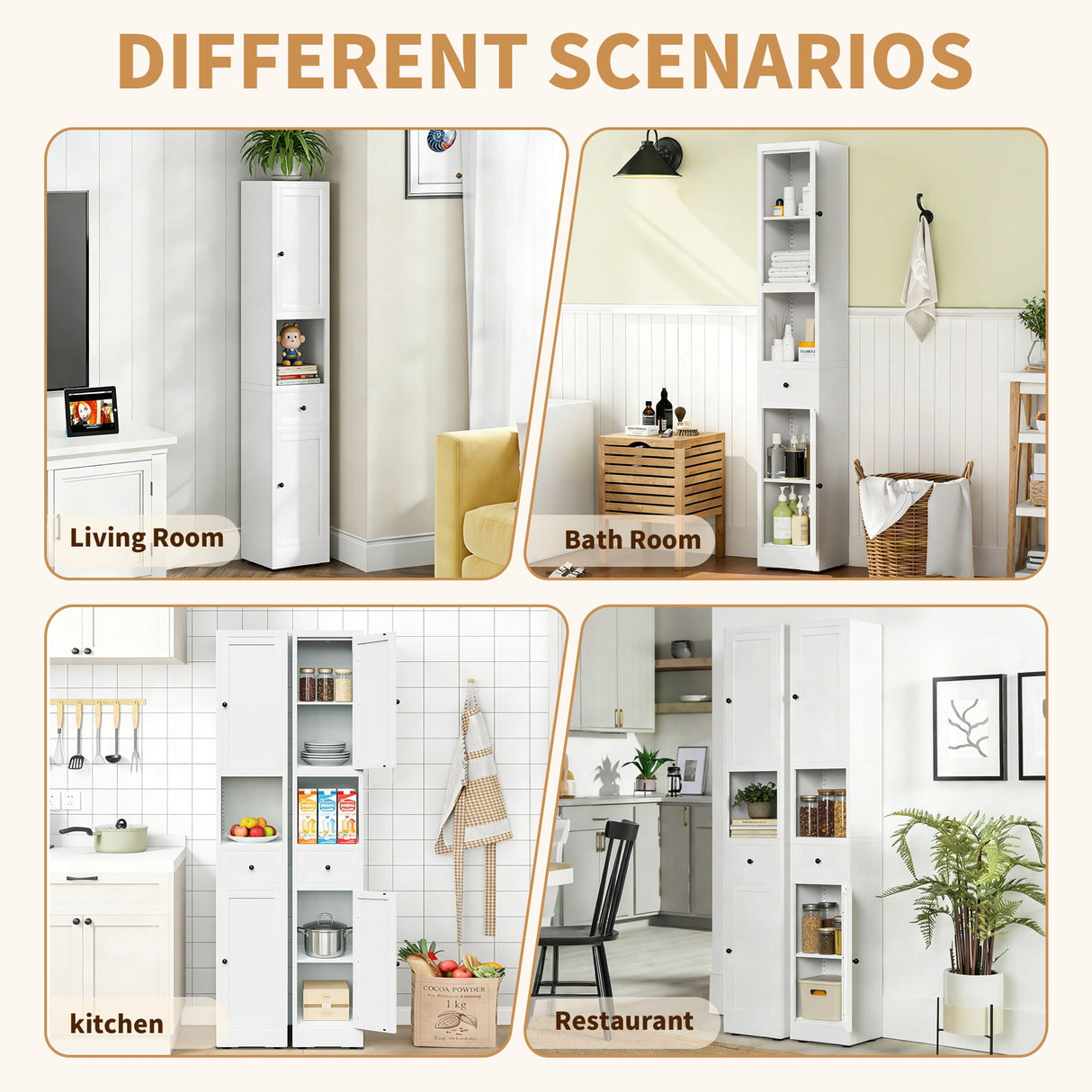 Tall Bathroom Storage Cabinet, 5-Tier Narrow With 2 Doors & Adjustable Shelves, Freestanding - White
