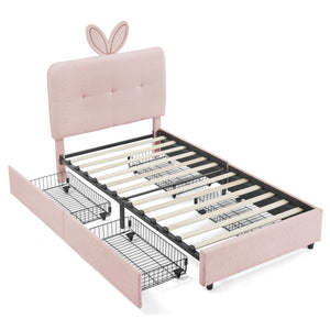 Twin Size Kids Upholstered Bed with Oversized Rabbit Ear Headboard, LED Light & 4 Storage Drawers, Boucle Fabric (79.5''X40.75''X41'')