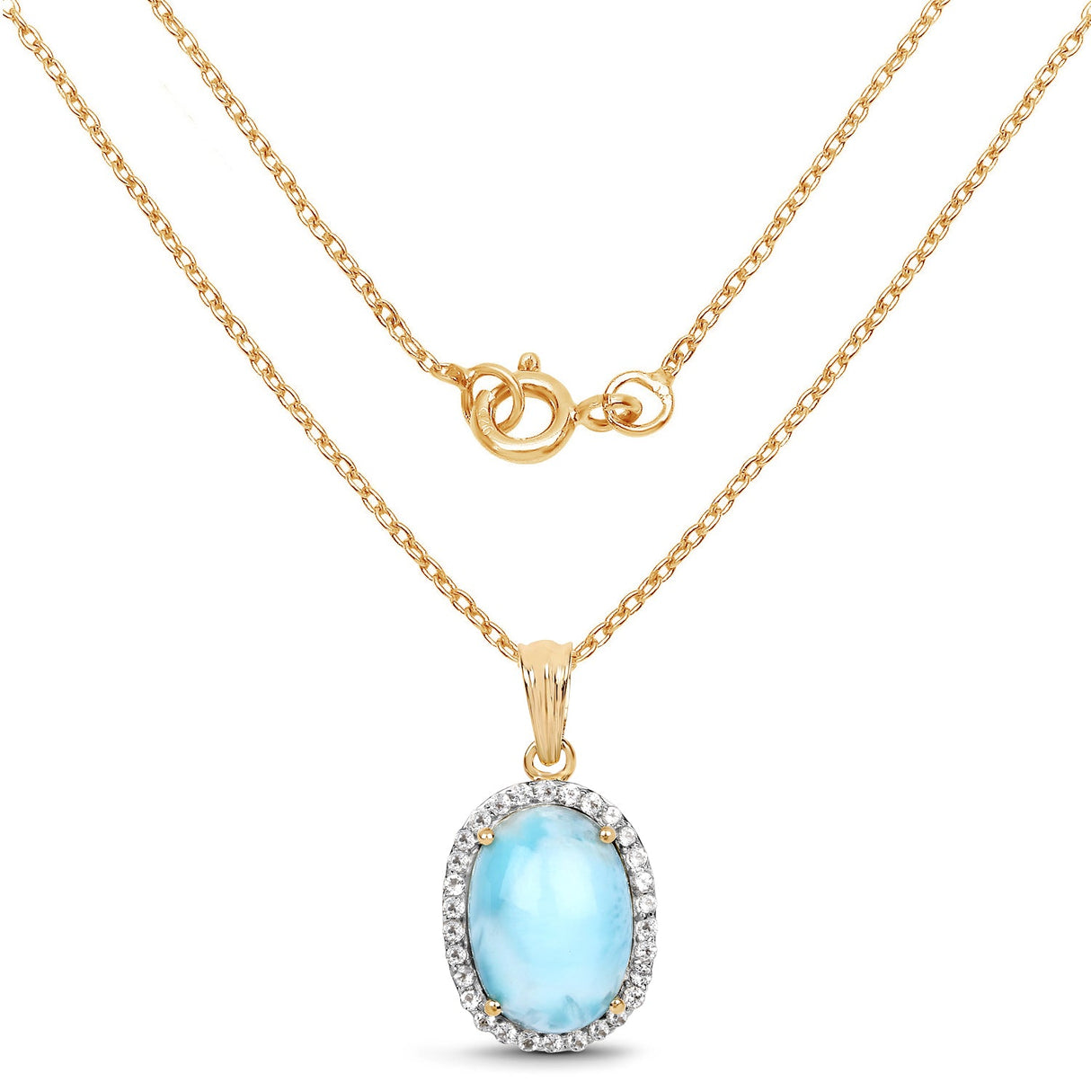 14K Yellow Gold Plated 13.55 Carat Genuine Larimar and White Topaz .925 Sterling Silver Pendant