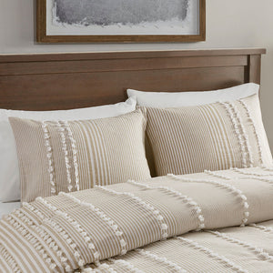 Full/Queen 3 Piece Cotton Yarn Dyed Comforter Set with Tufted Embroidery - Taupe