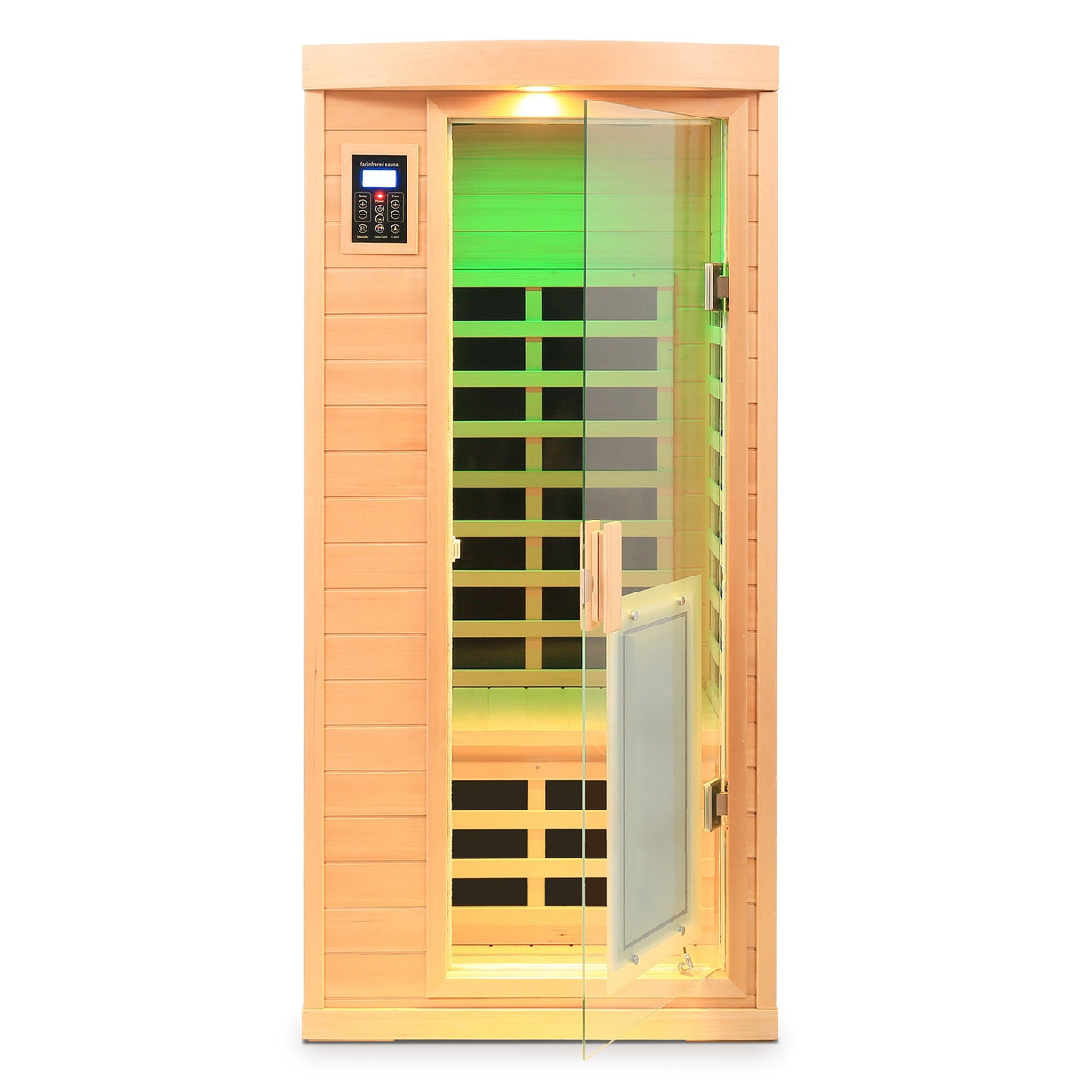 Low EMF, There is also a heating plate on the glass door, Hemlock wood Far-infrared indoor One person sauna room