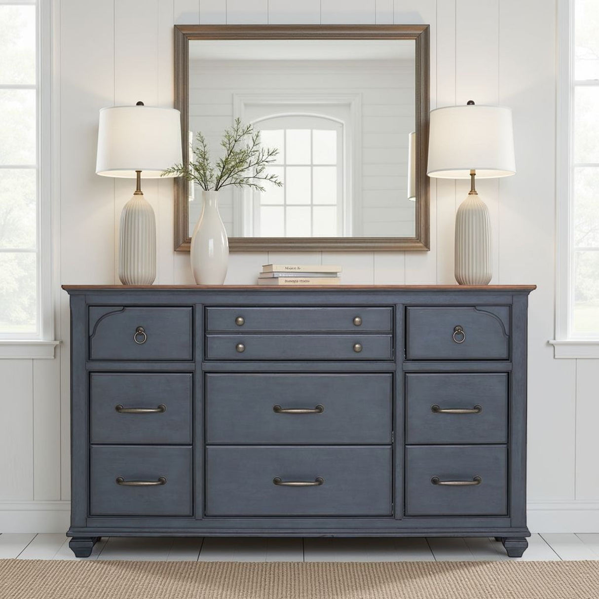 grey blue dresser Henley Scalloped Edge 6 Drawer Wide Dresser, Blue Spruce - daals