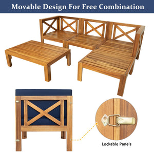 TOPMAX Outdoor 5-Piece Wood Sectional Patio Sofa Set with Blue Cushions