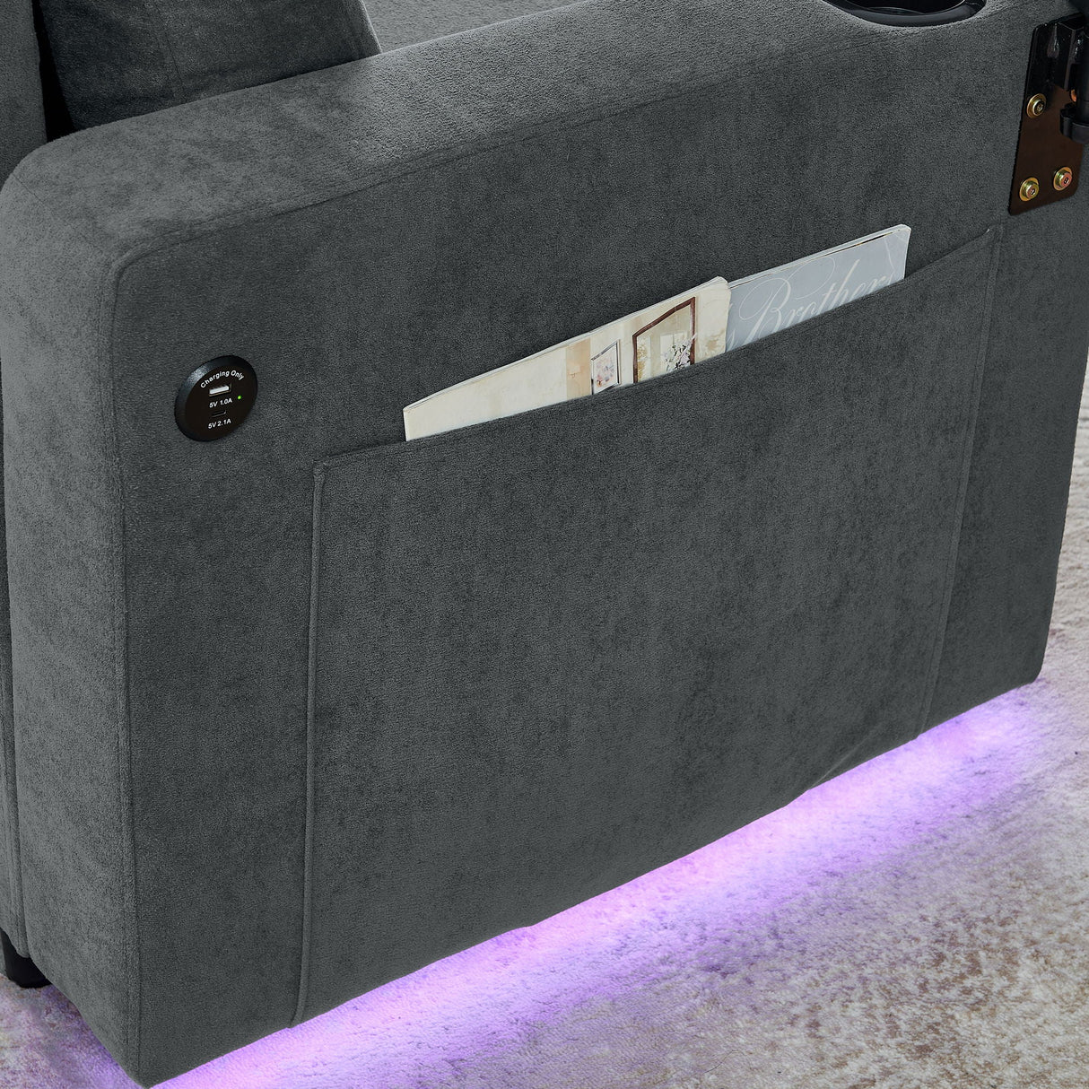 Multi Functional Pull Out Bed Sofa With Retractable Table, LED Lighting, USB Charging Ports & Cup Holders