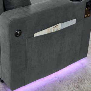 Multi Functional Pull Out Bed Sofa With Retractable Table, LED Lighting, USB Charging Ports & Cup Holders