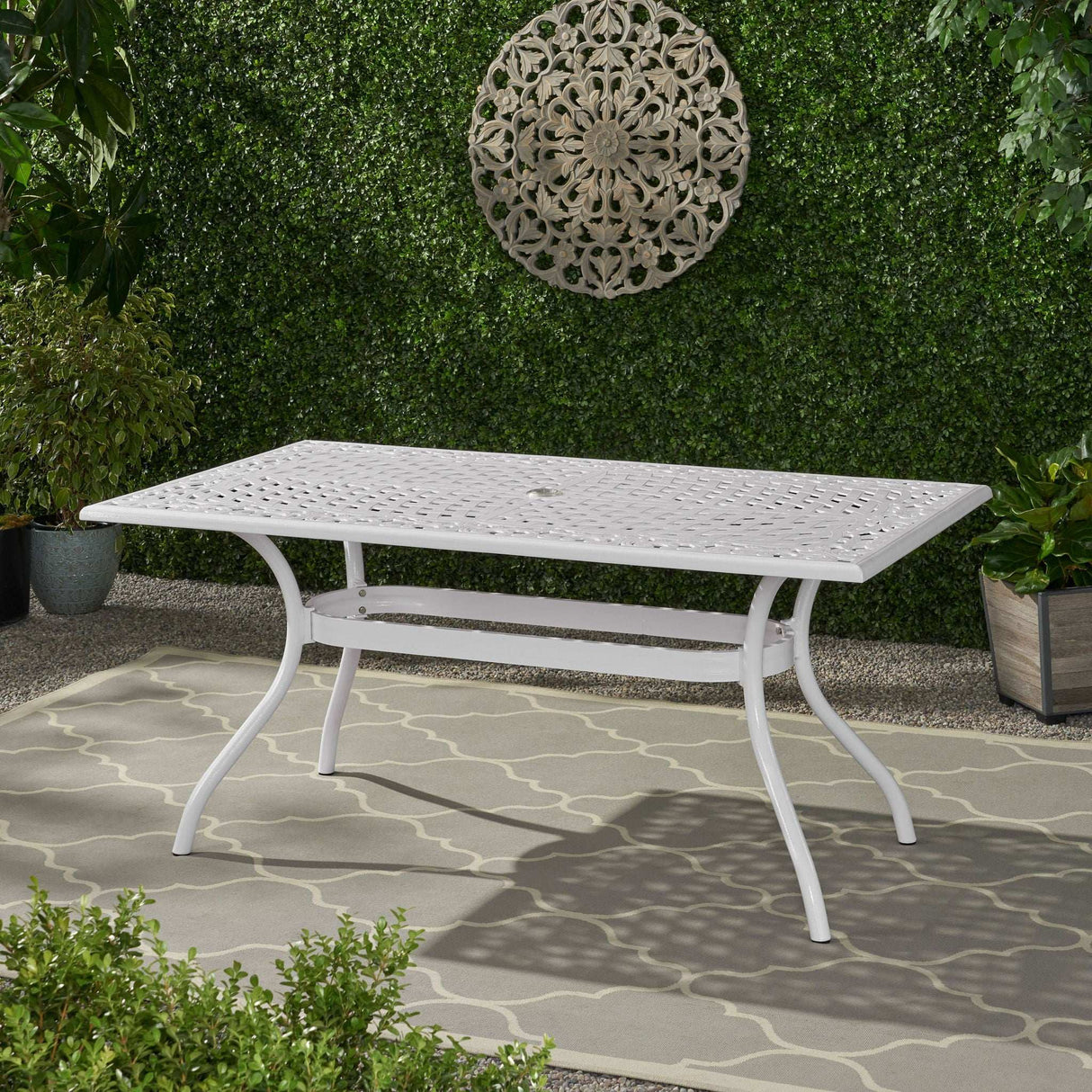 Celestine Outdoor Cast Aluminum Dining Table With Floral Lattice Design And Umbrella Holder