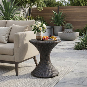 Outdoor Wicker Hourglass Side Table with Iron Frame – Multi-Brown