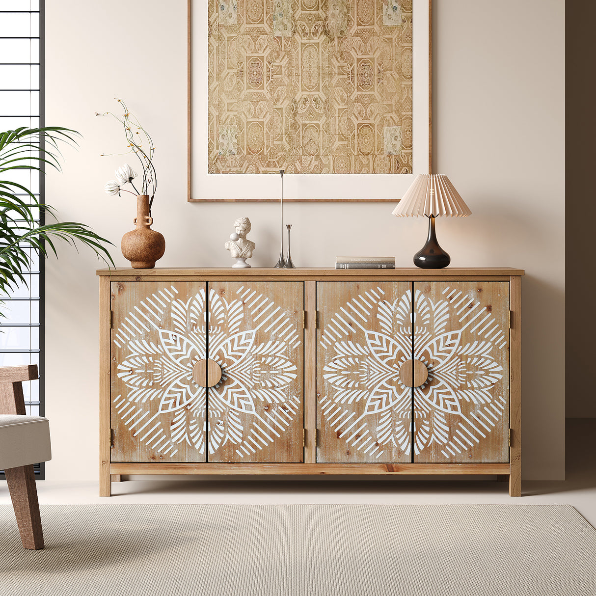 60' Wood Accent Cabinet with 4 Doors, Brown and antique white Modern Pantry Cabinet