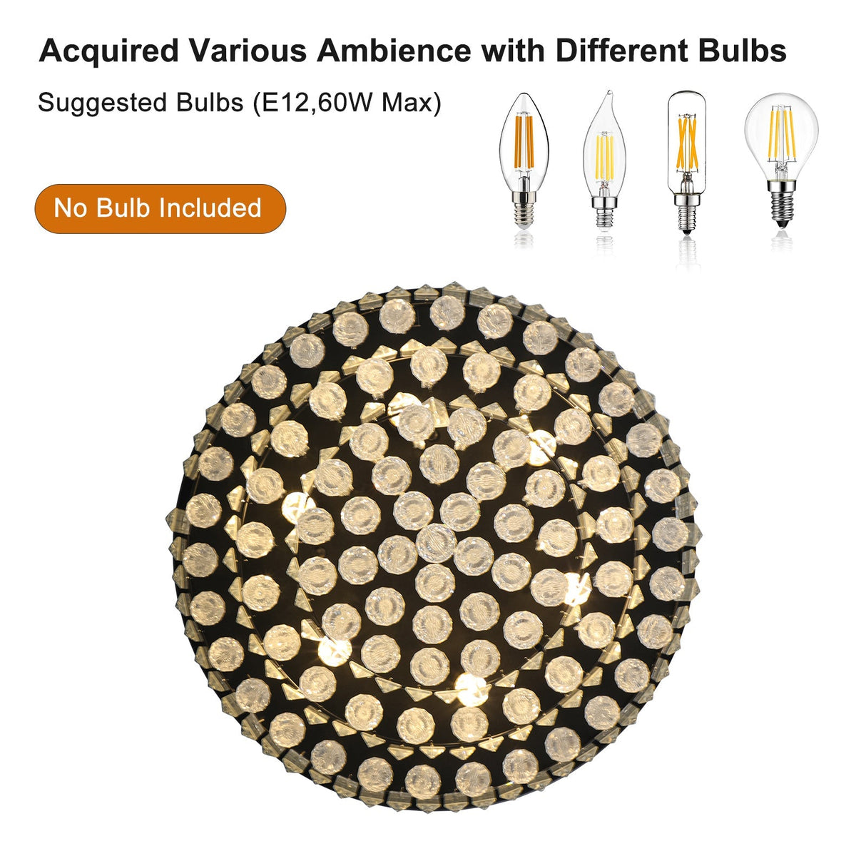20' Luxury Crystal Flush Mount Ceiling Light with Black Finish – Elegant 6-Light Chandelier for Living Room, Dining Room, or Bedroom (Bulb Not Included)