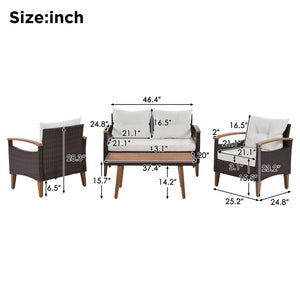 4 Piece PE Rattan Outdoor Sofa Set with Wood Table and Legs