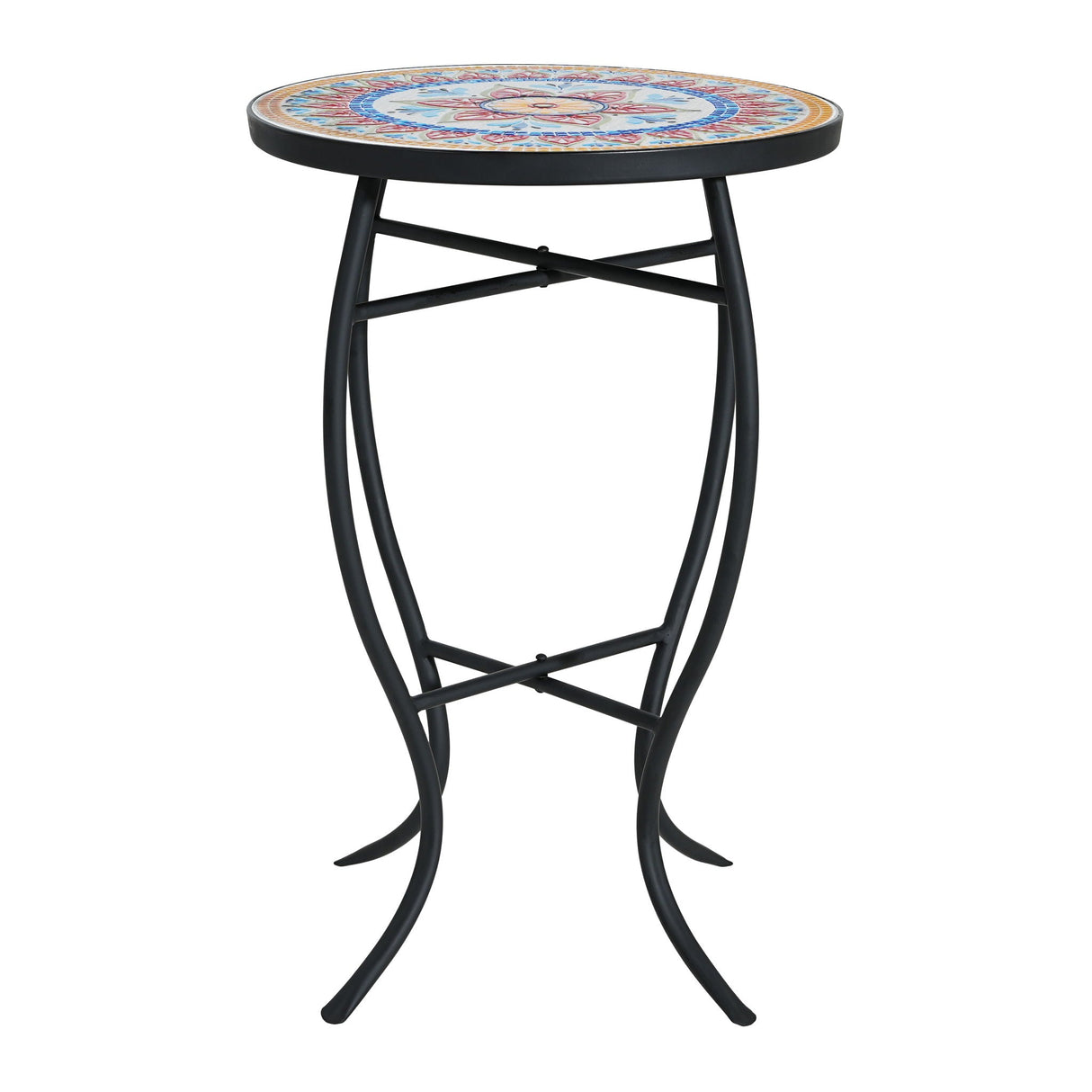 Outdoor Round Side Table With Mosaic Style Top And Curved Iron Legs