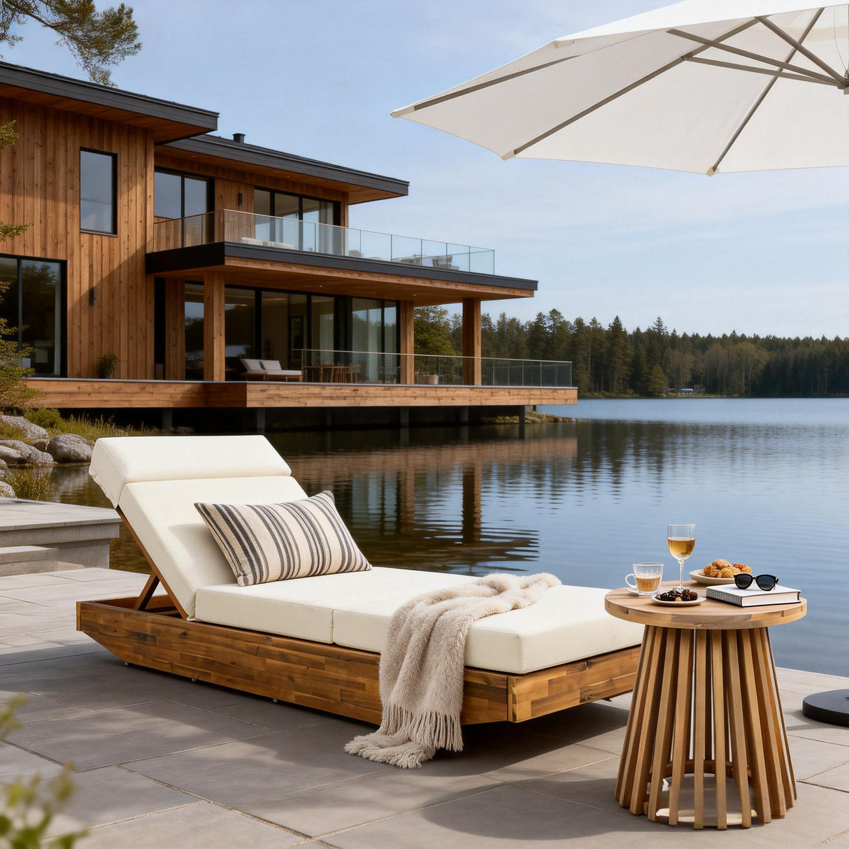Modern Acacia Wood Outdoor Chaise Lounge with Beige Cushion