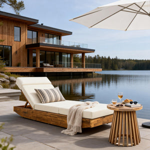 Modern Acacia Wood Outdoor Chaise Lounge with Beige Cushion